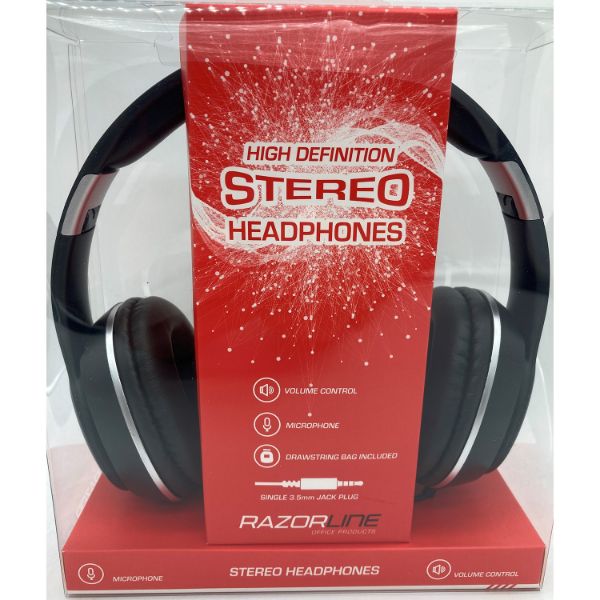 Picture of Razorline High Definition Stereo Headphones, Wired, With Mic and Volume Control, Black